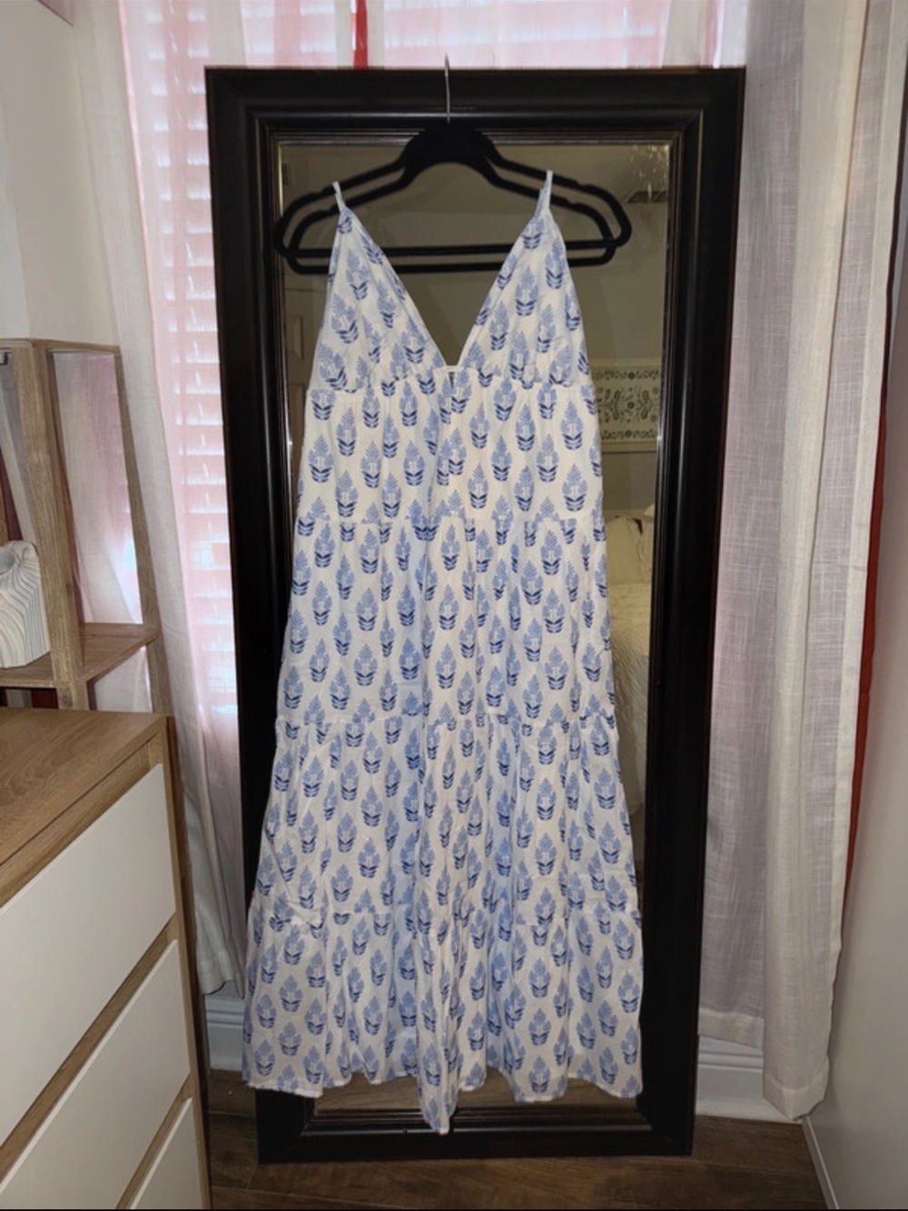 Japna Blue and White Maxi Dress with Leaf Print
